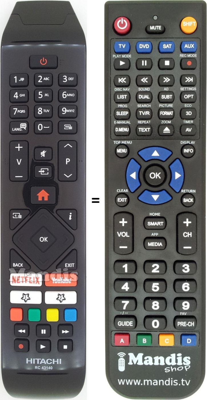 Replacement remote control Hitachi RC43140
