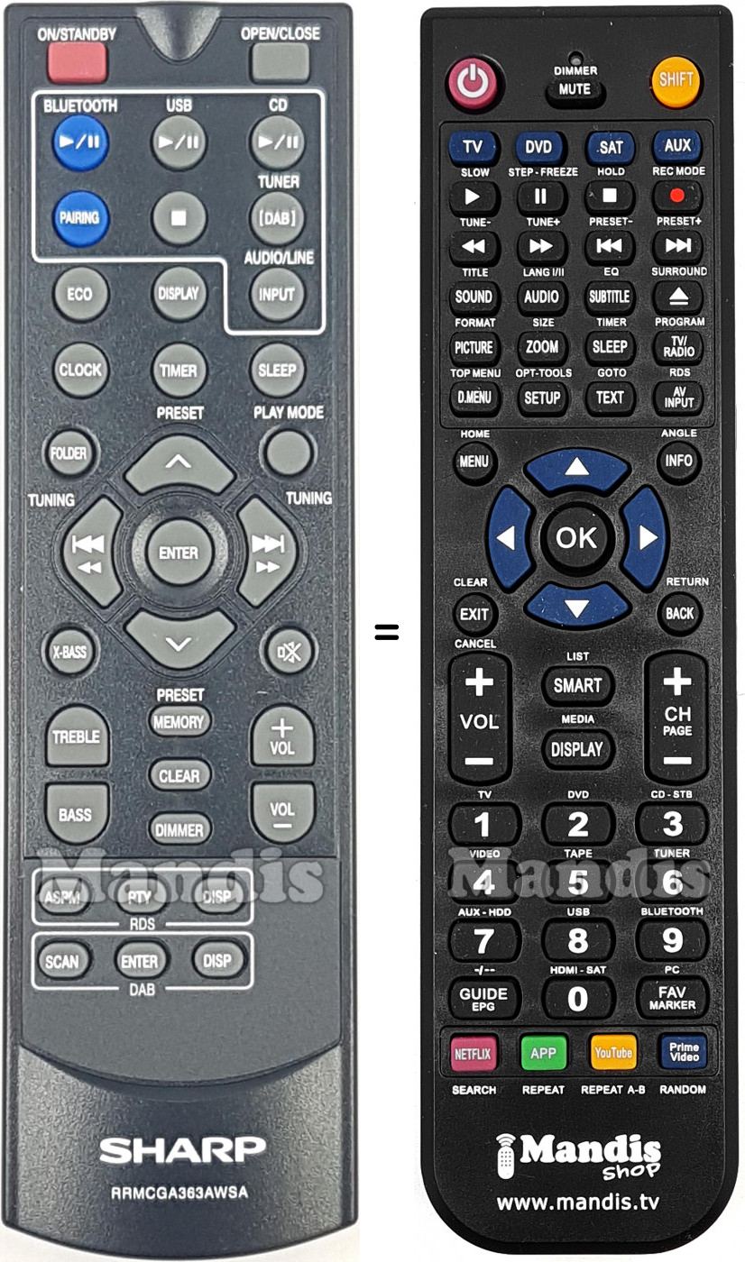 Replacement remote control Sharp RRMCGA363AWSA