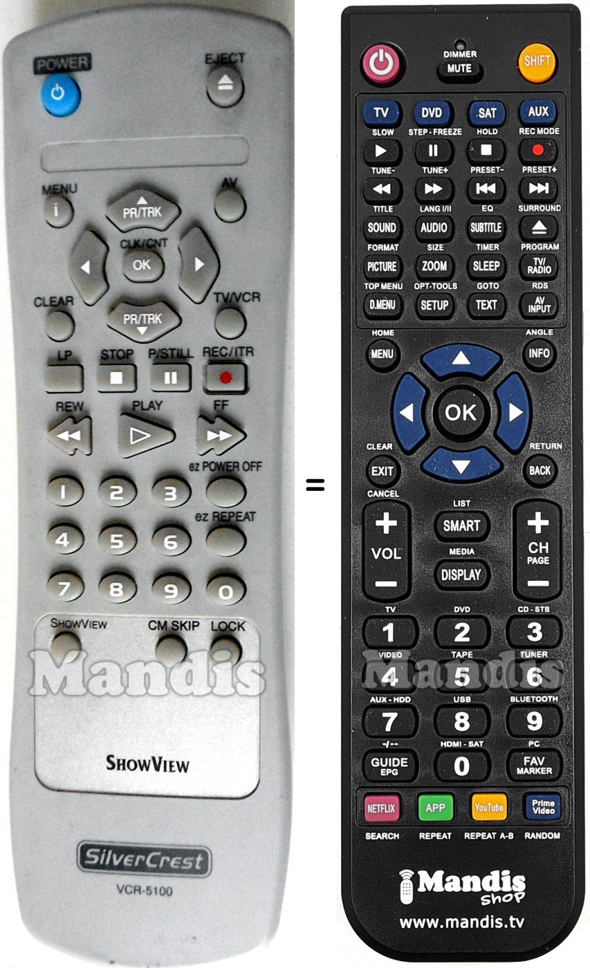 Replacement remote control VCR5100